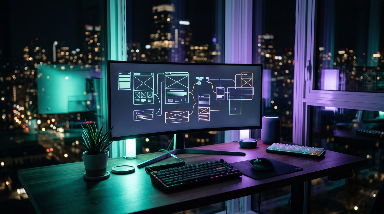 Upjen Tech stüdyosu: gece çalışan geliştirme masası ve uygulama arayüzü taslakları