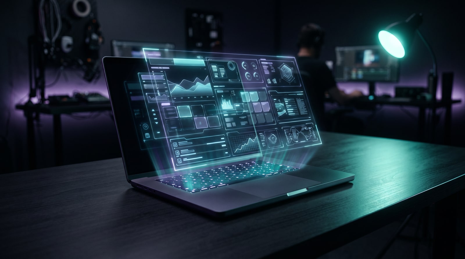 Dizüstünden yükselen holografik ürün panosu: modüler uygulama blokları ve grafikler